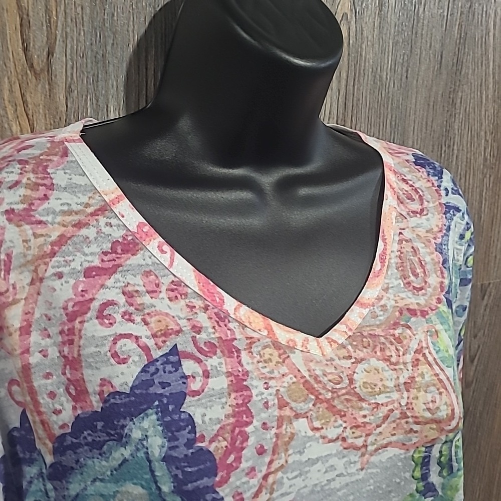 Jess & Jane Burnout 3/4 Sleeve Shirt Size L Multicolor Paisley Artsy Semi-Sheer - Picture 3 of 9